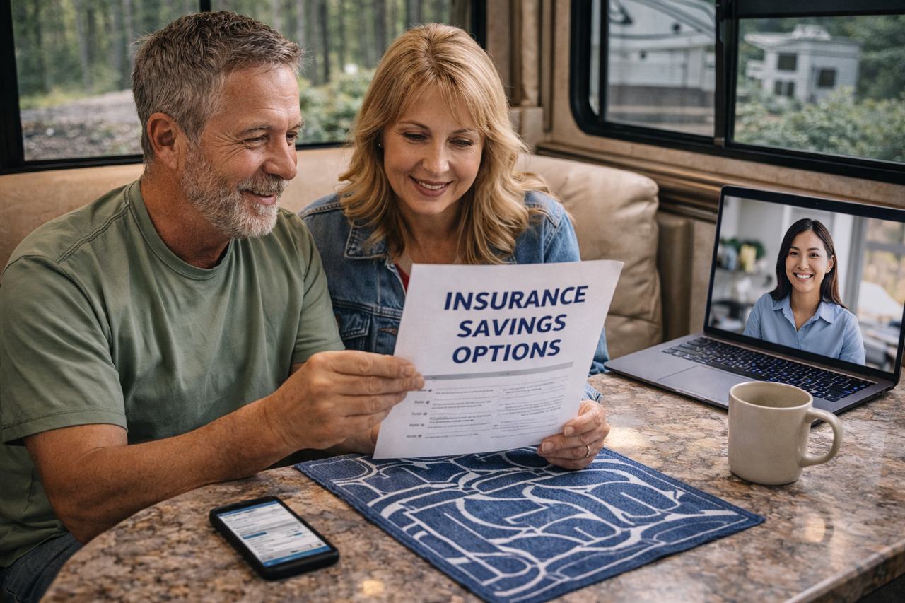 RV owners reviewing insurance savings options representing RV insurance discounts