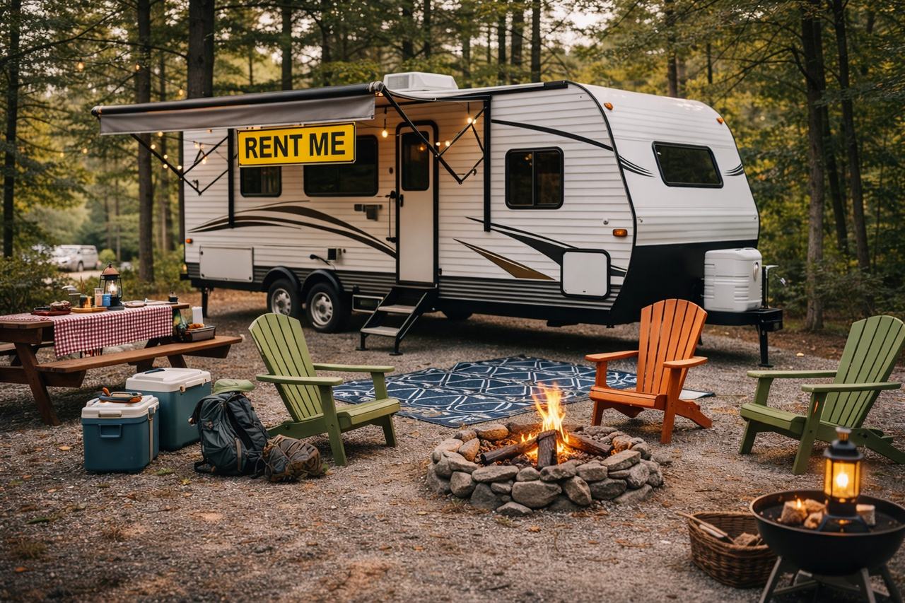 Travel trailer parked at campground prepared for rental representing RV insurance for rentals coverage