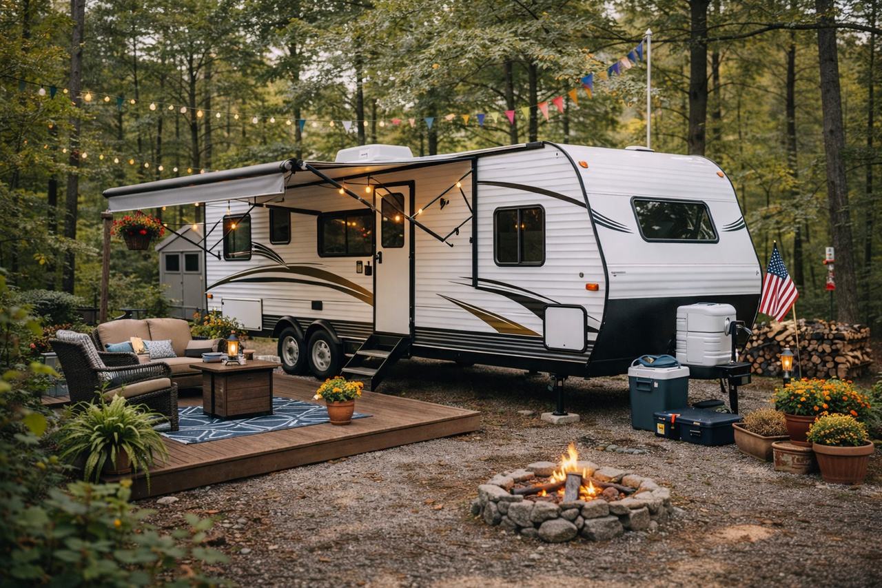 Travel trailer parked at a seasonal campsite representing RV insurance for seasonal use coverage