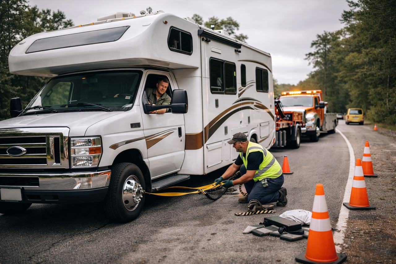 Motorhome stopped on roadside receiving assistance representing RV roadside assistance insurance coverage