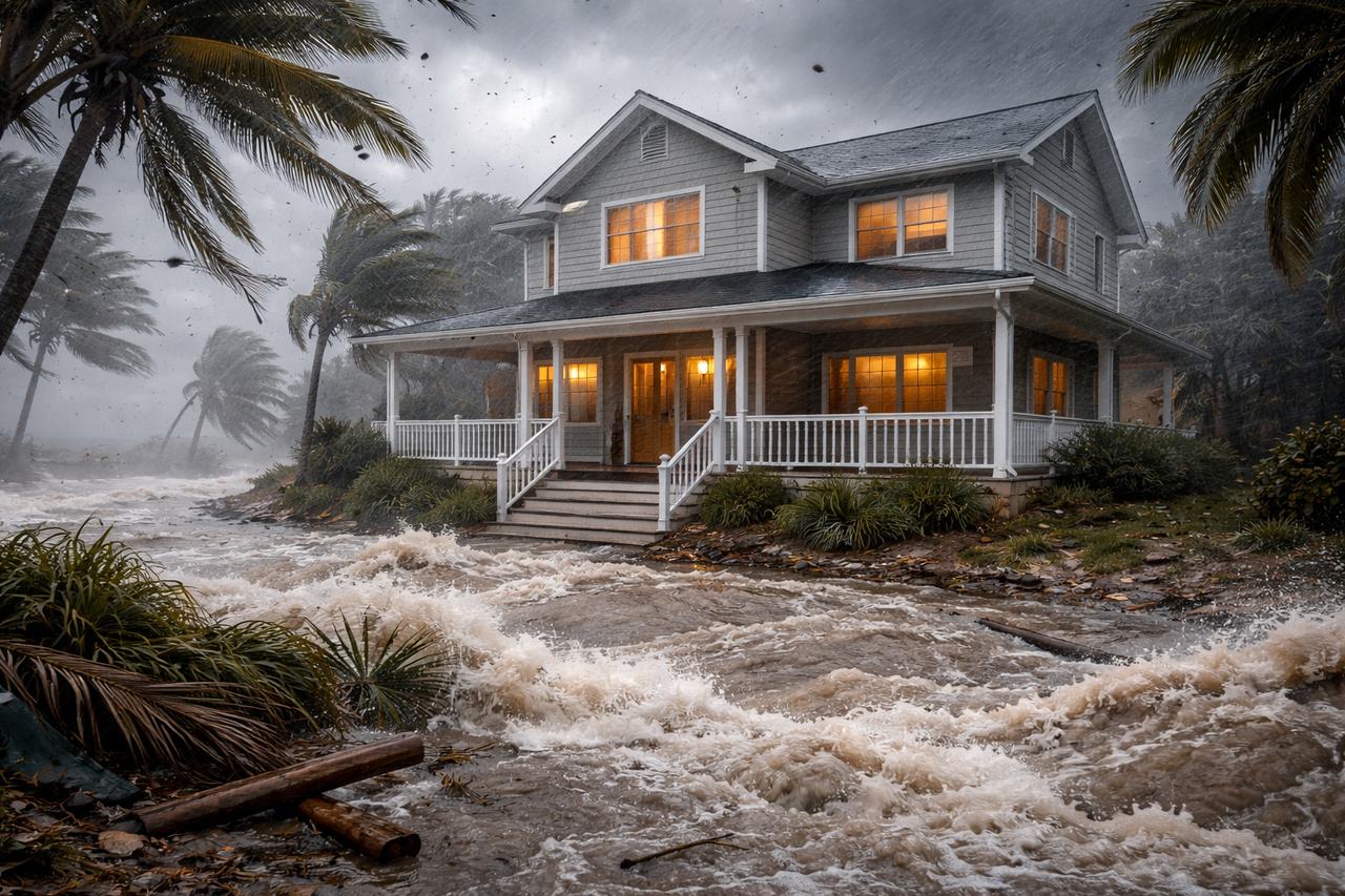 Home protected from hurricane winds and storm damage insurance concept